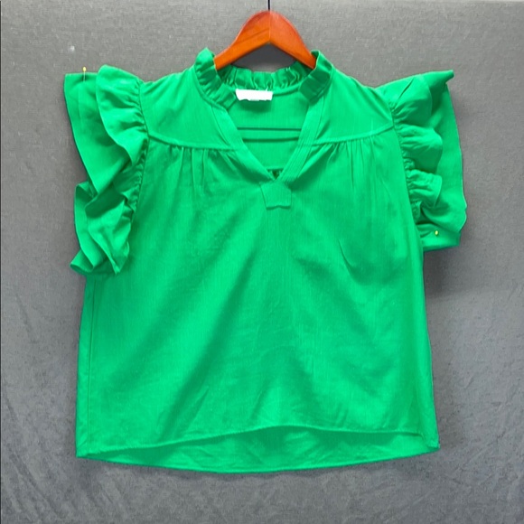 THML‎ RAYON Green Flutter Sleeve Mandarin Collar Blouse - Picture 1 of 8